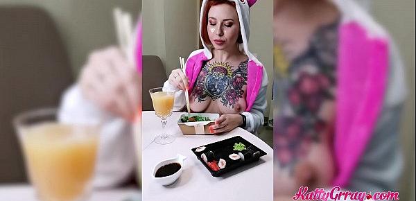  Hot Redhead Eating Roll and Demonstrate Perfect Boobs - Fetish